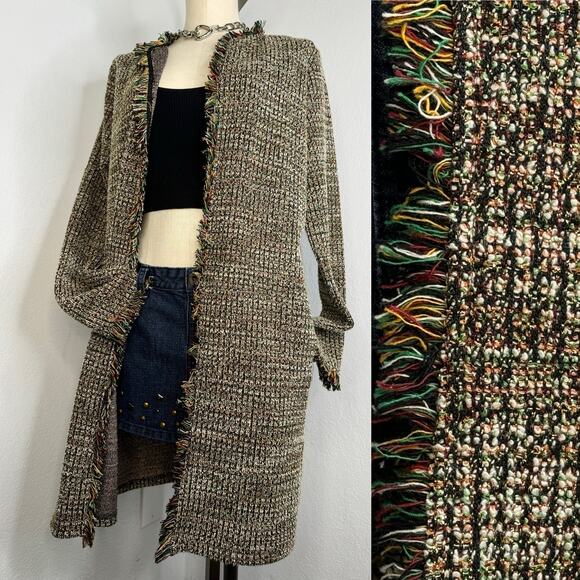 Zara Metallic Tweed Longline Open Front Cardigan with Pockets Fringe - Picture 1 of 9